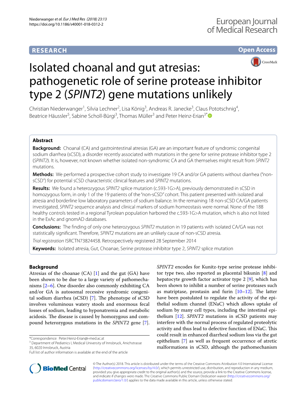 Pathogenetic Role of Serine Protease Inhibitor Type 2 (SPINT2) Gene Mutations Unlikely Christian Niederwanger1, Silvia Lechner2, Lisa König3, Andreas R