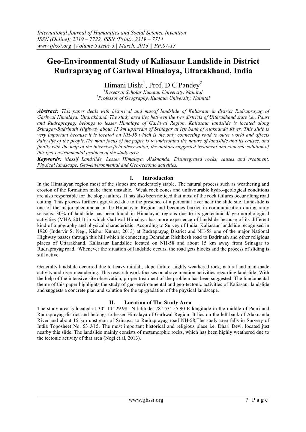 Geo-Environmental Study of Kaliasaur Landslide in District Rudraprayag of Garhwal Himalaya, Uttarakhand, India