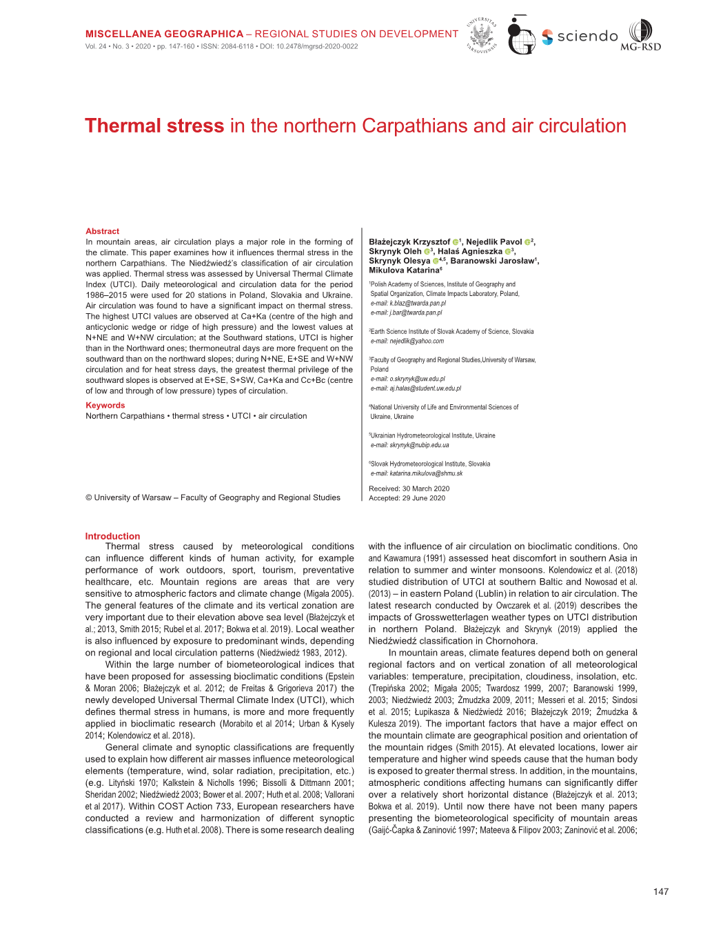 Thermal Stress in the Northern Carpathians and Air Circulation