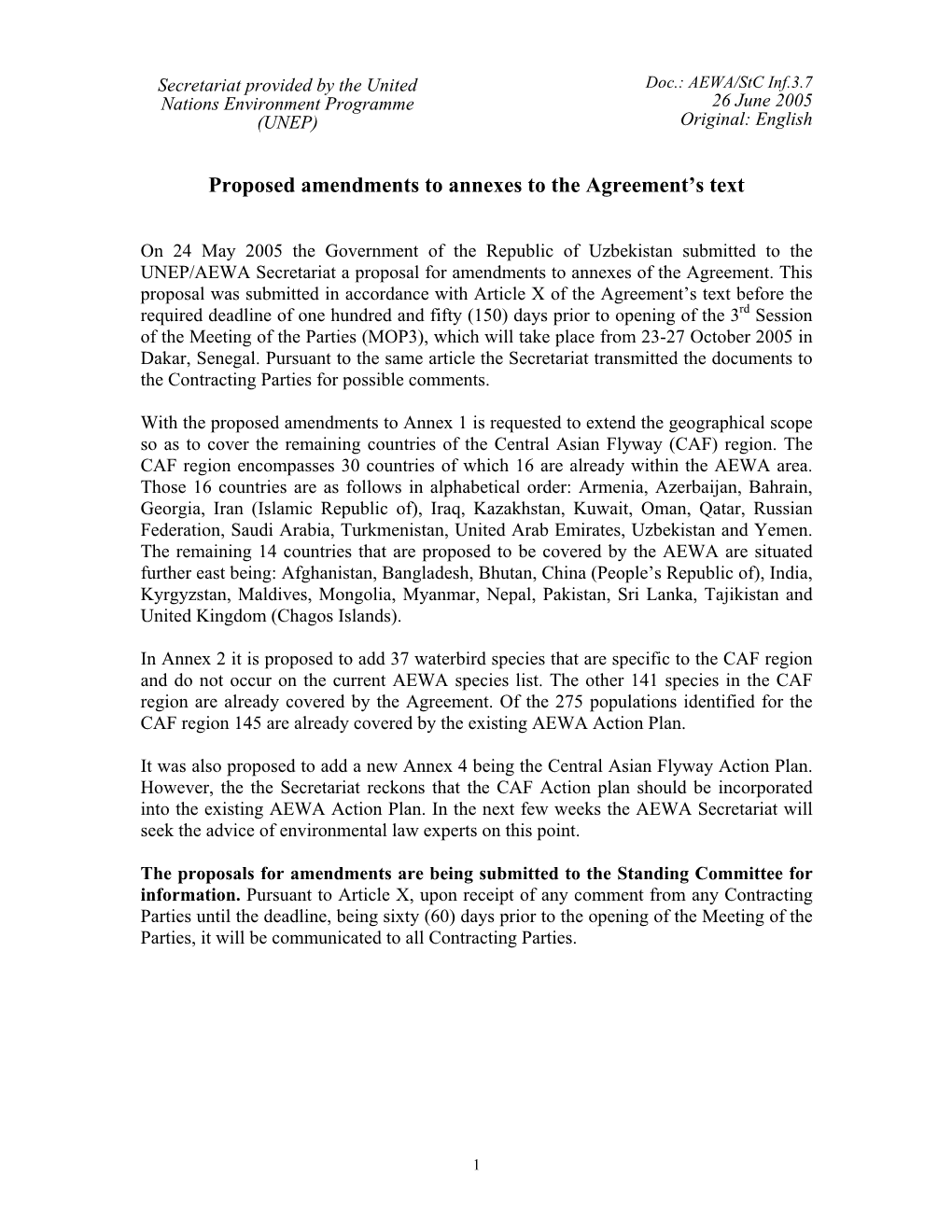 Proposed Amendments to Annexes to the Agreement's Text