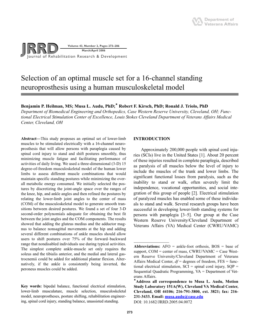 Selection of an Optimal Muscle Set for a 16-Channel Standing Neuroprosthesis Using a Human Musculoskeletal Model