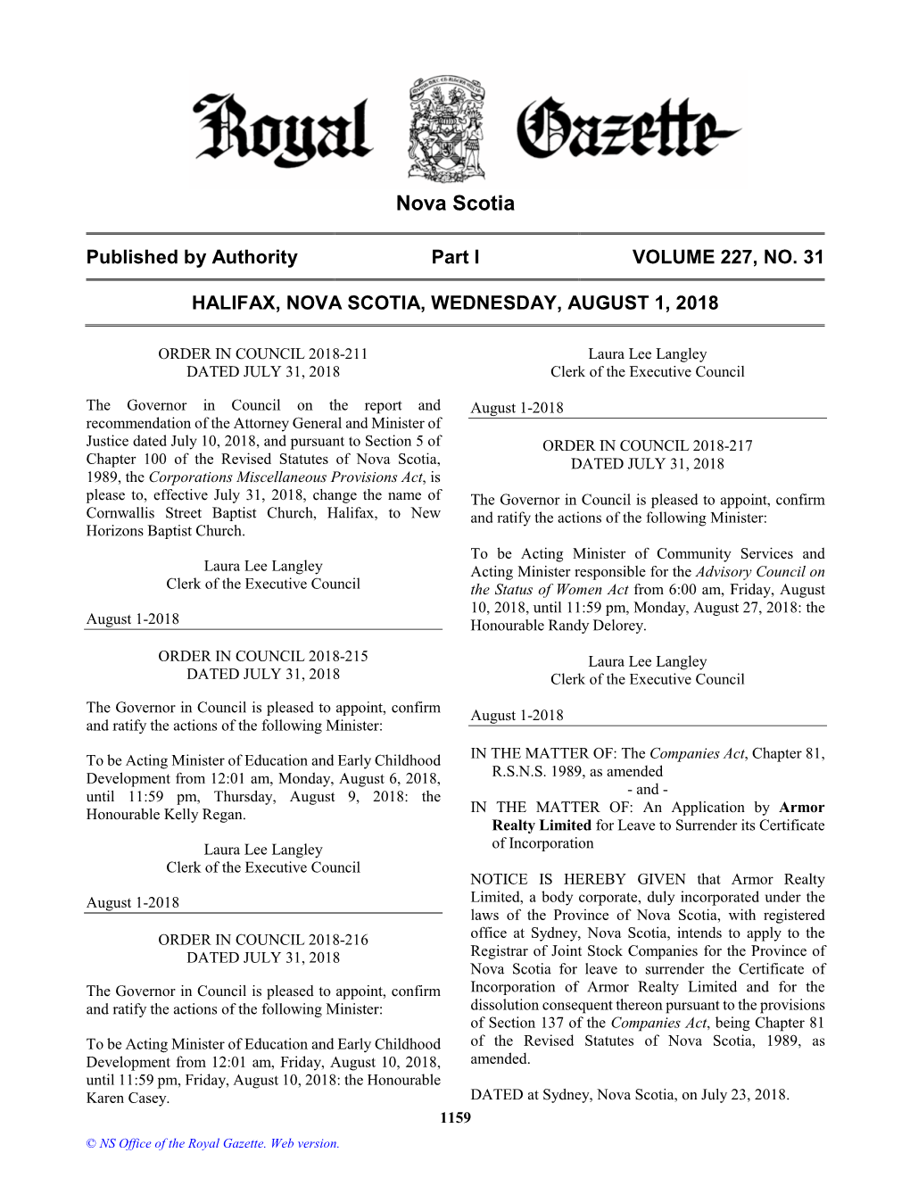 NS Royal Gazette Part I