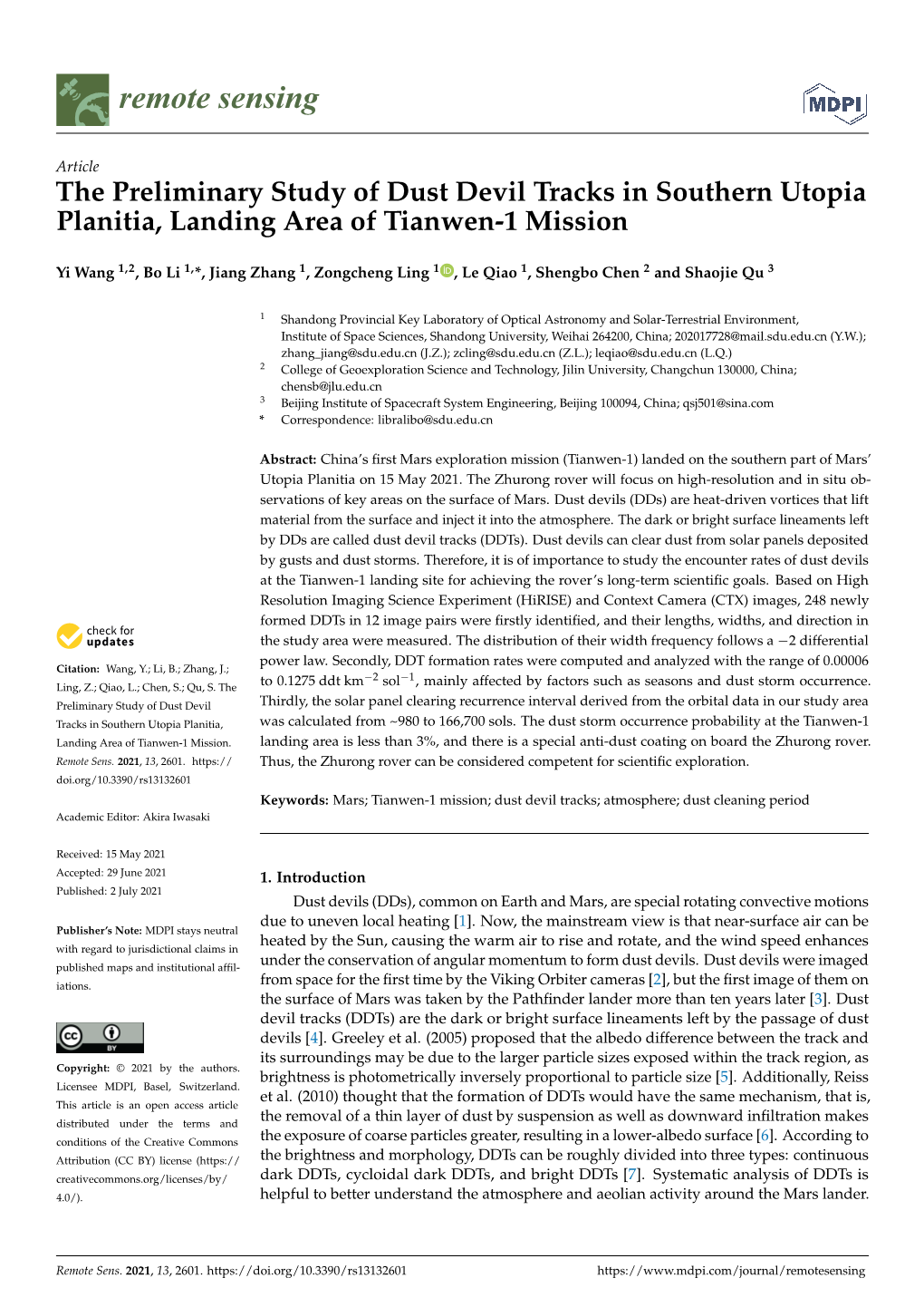 The Preliminary Study of Dust Devil Tracks in Southern Utopia Planitia, Landing Area of Tianwen-1 Mission