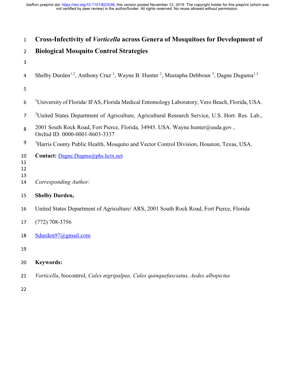 Cross-Infectivity of Vorticella Across Genera of Mosquitoes for Development of 2 Biological Mosquito Control Strategies 3