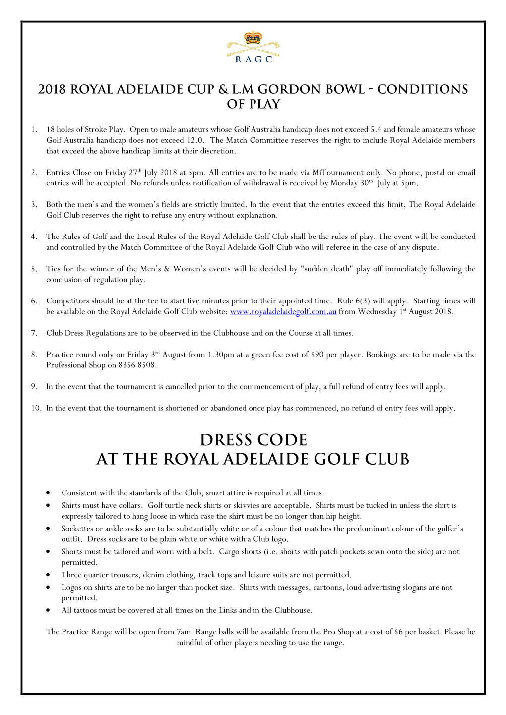 DRESS CODE at the Royal Adelaide Golf Club