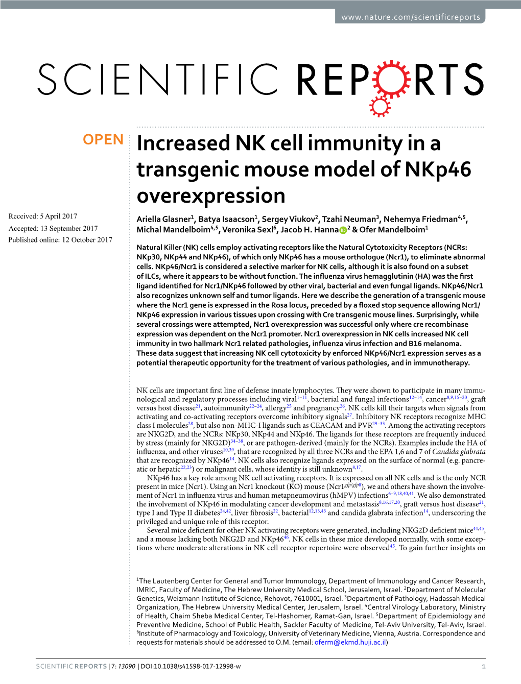 Increased NK Cell Immunity in a Transgenic Mouse Model of Nkp46