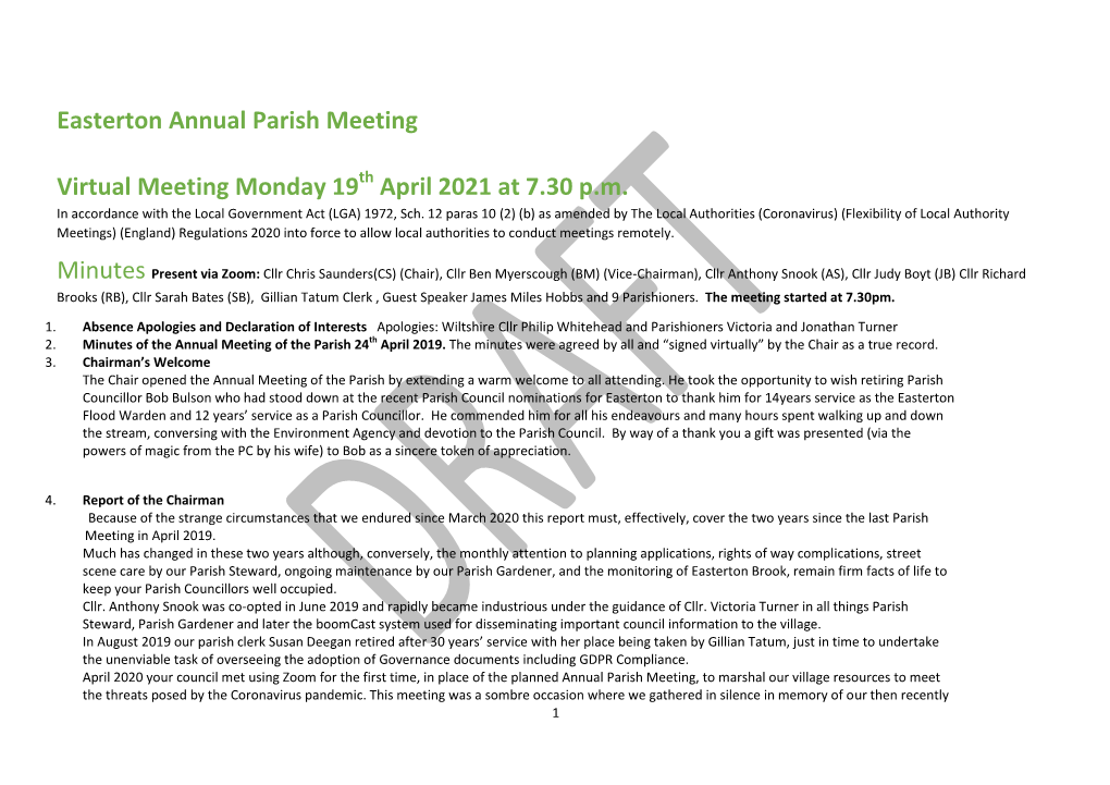 Easterton Annual Parish Meeting Virtual Meeting Monday 19 April