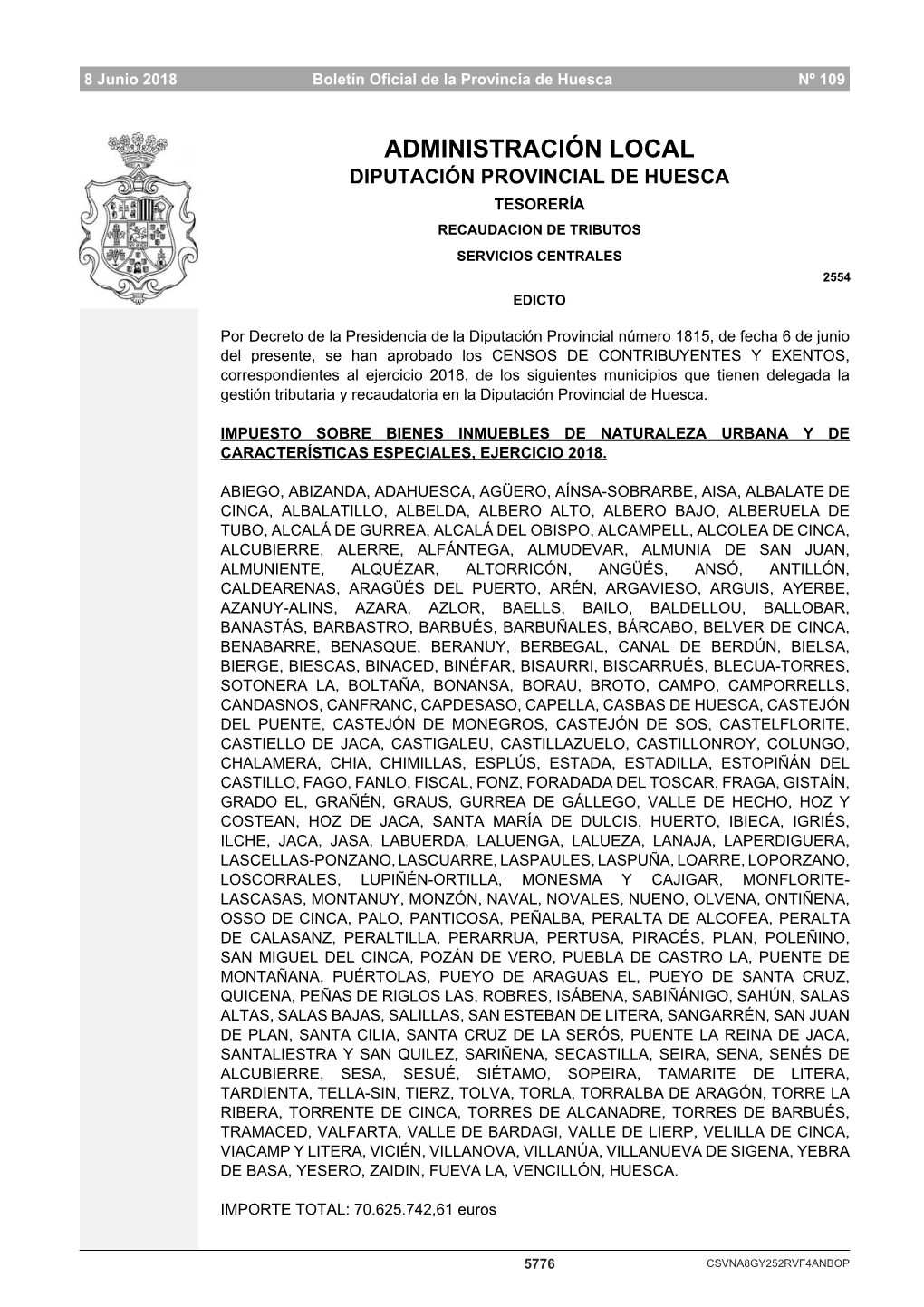 Administración Local Diputación Provincial De Huesca Tesorería Recaudacion De Tributos Servicios Centrales 2554 Edicto