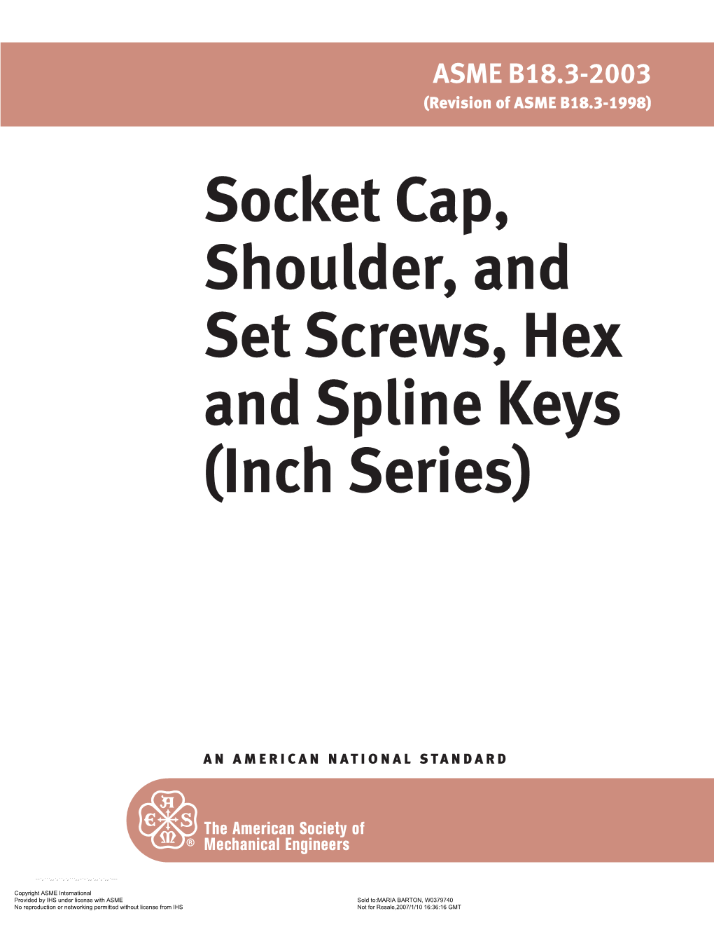 Socket Cap, Shoulder, and Set Screws, Hex and Spline Keys (Inch Series)
