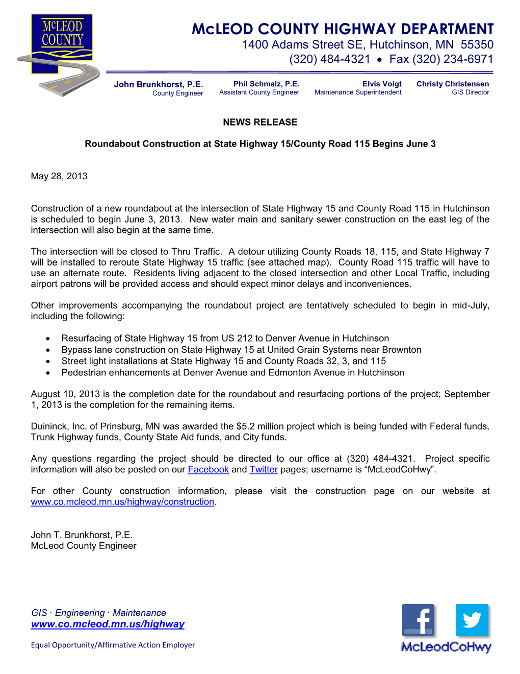 Mcleod COUNTY HIGHWAY DEPARTMENT 1400 Adams Street SE, Hutchinson, MN 55350 (320) 484-4321  Fax (320) 234-6971