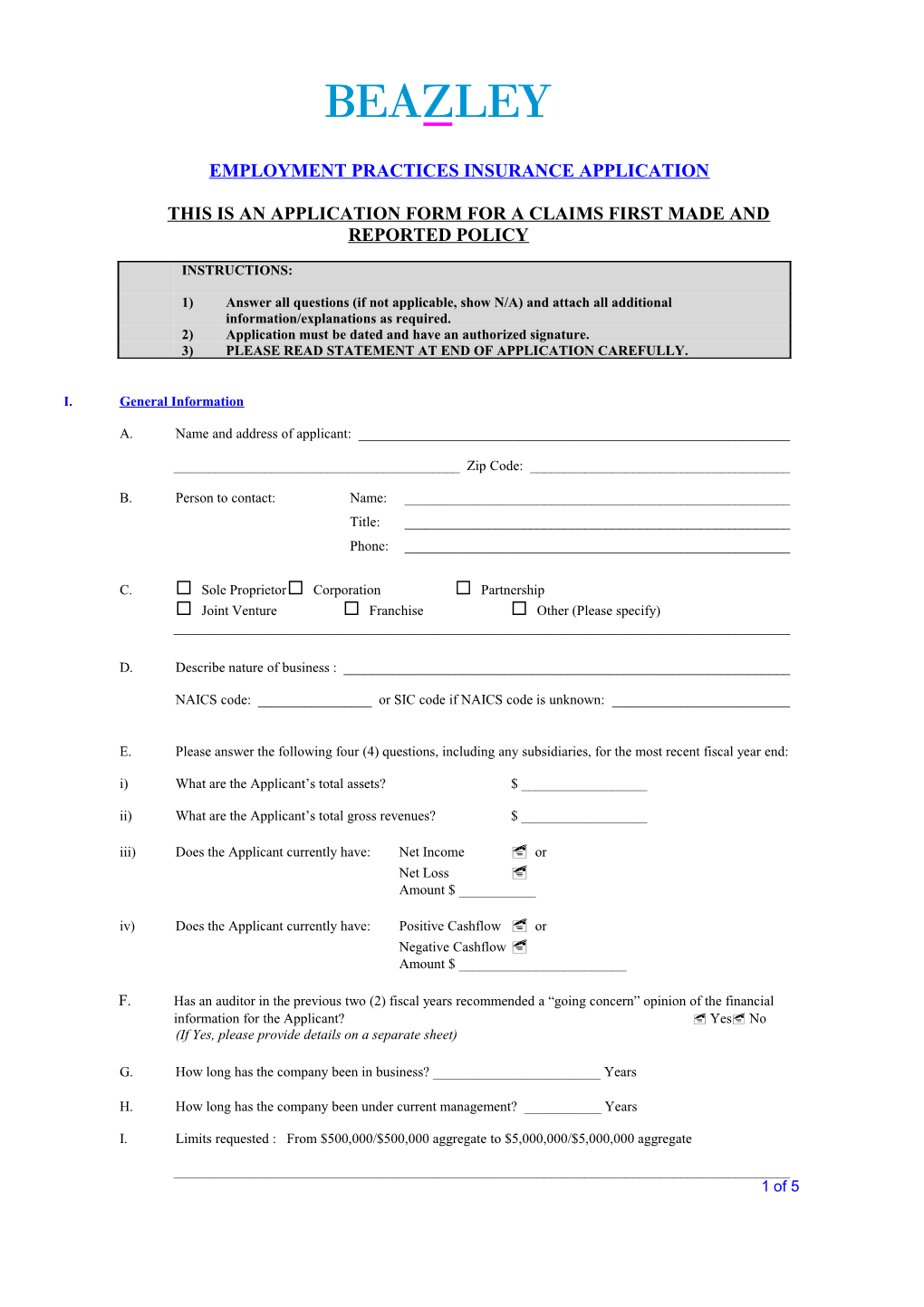 Employment Practices Insurance Application