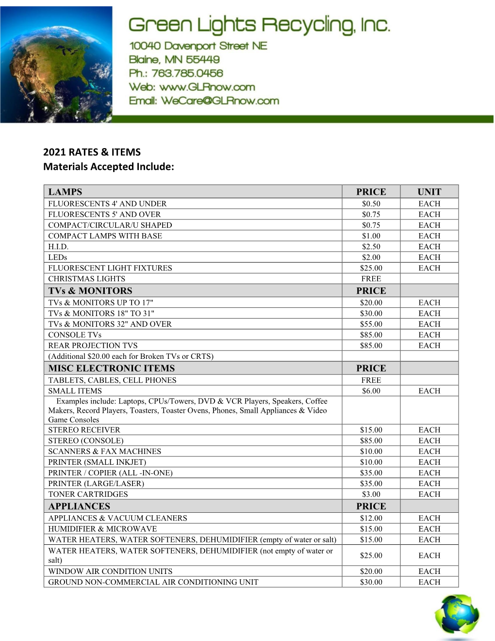 2021 Recycling Event Pricing