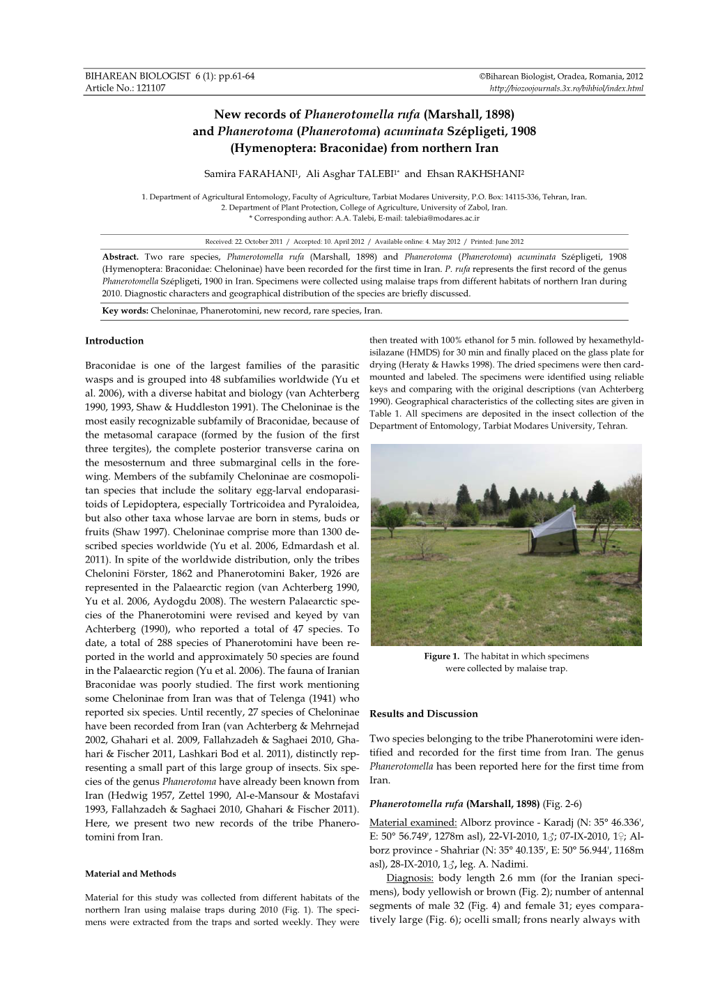 New Records of Phanerotomella Rufa (Marshall, 1898) and Phanerotoma (Phanerotoma) Acuminata Szépligeti, 1908 (Hymenoptera: Braconidae) from Northern Iran