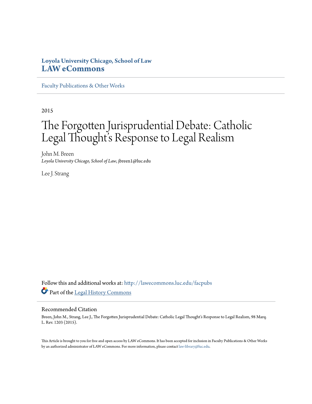 The Forgotten Jurisprudential Debate: Catholic Legal Thought's Response