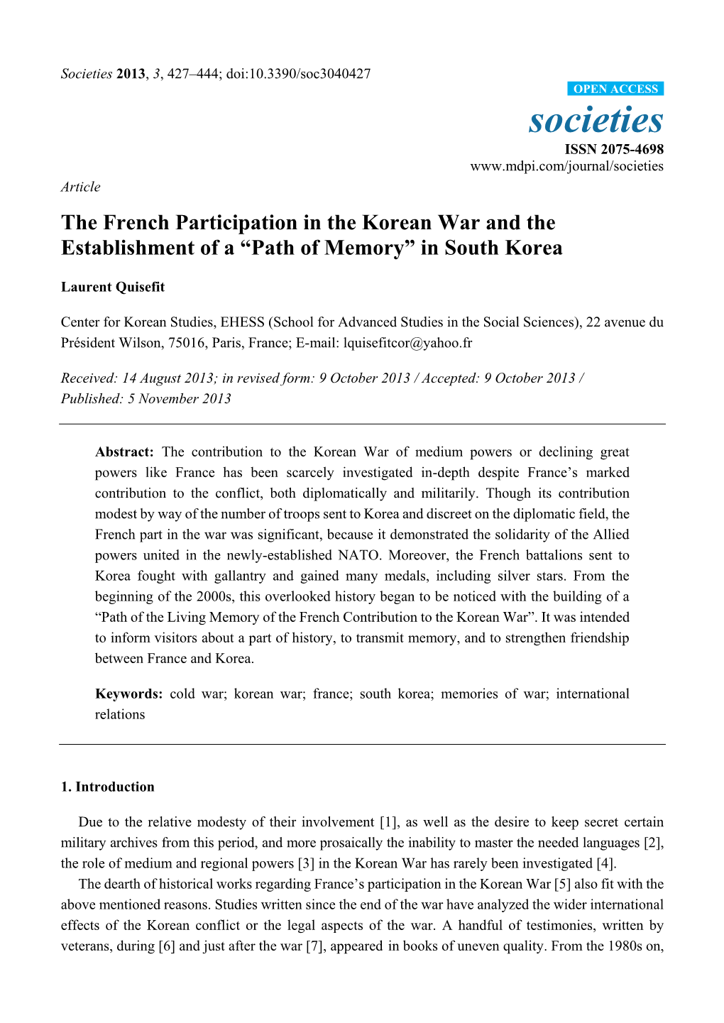 The French Participation in the Korean War and the Establishment of a “Path of Memory” in South Korea