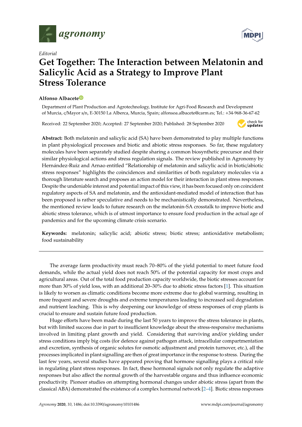 The Interaction Between Melatonin and Salicylic Acid As a Strategy to Improve Plant Stress Tolerance