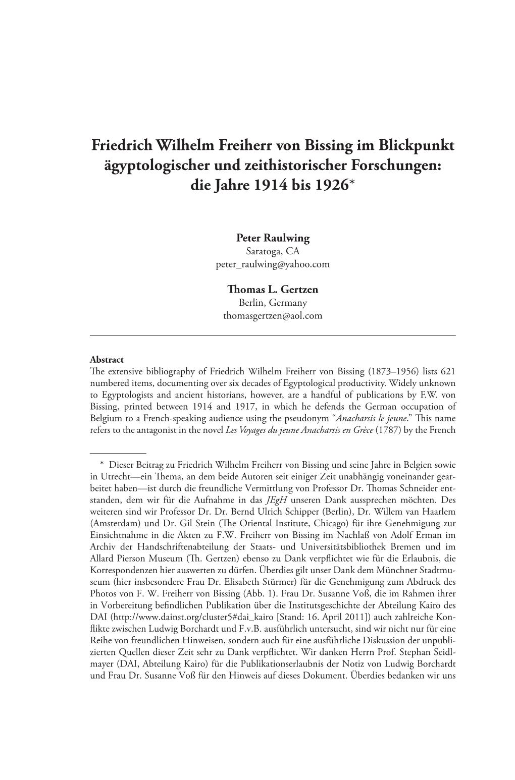 Friedrich Wilhelm Freiherr Von Bissing Im Blickpunkt Ägyptologischer Und Zeithistorischer Forschungen: Die Jahre 1914 Bis 1926*