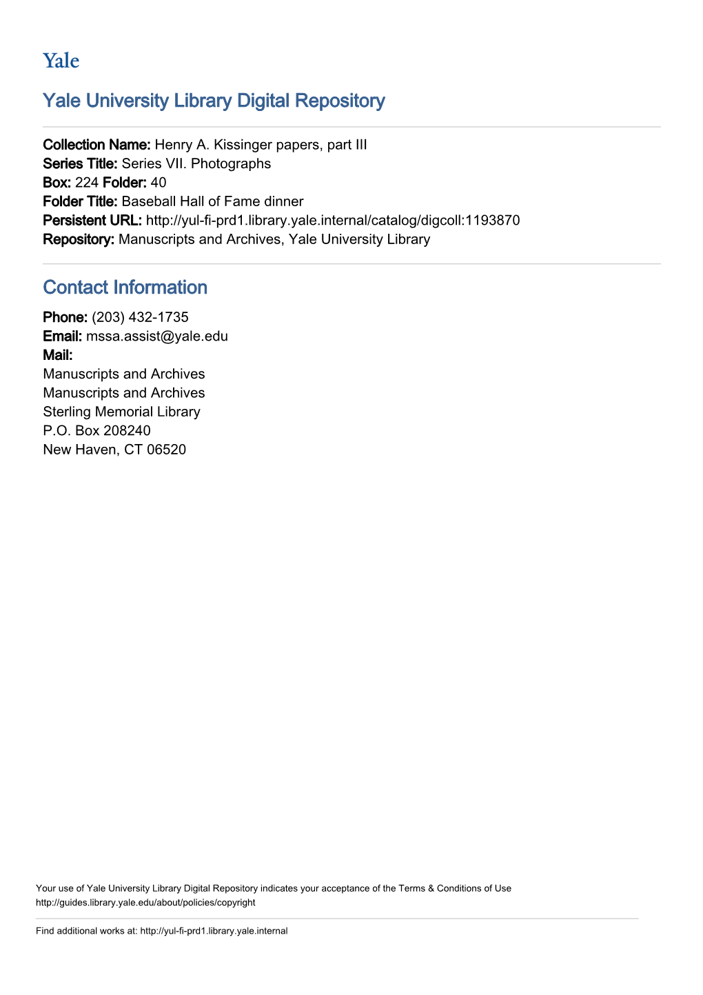 Yale University Library Digital Repository Contact Information