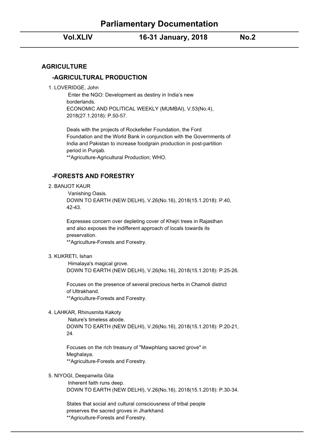 Parliamentary Documentation Vol.XLIV 16-31 January, 2018 No.2