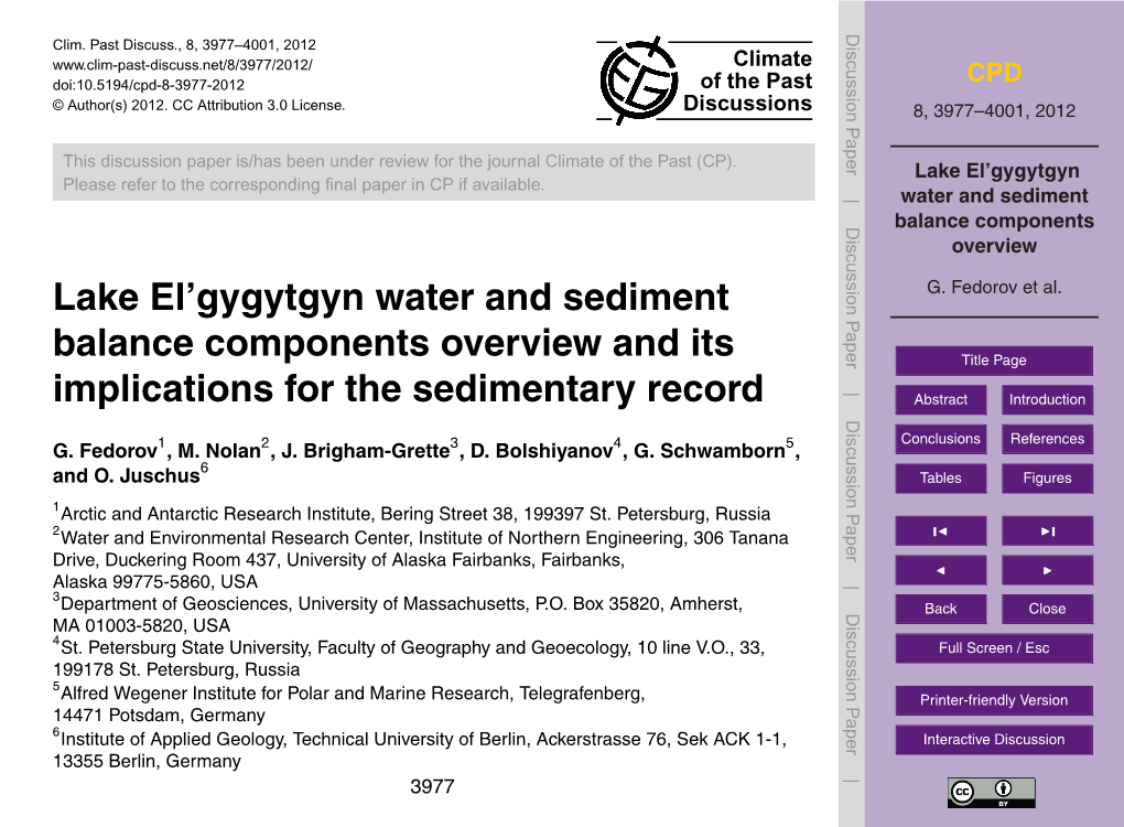 Lake El'gygytgyn Water and Sediment Balance Components Overview