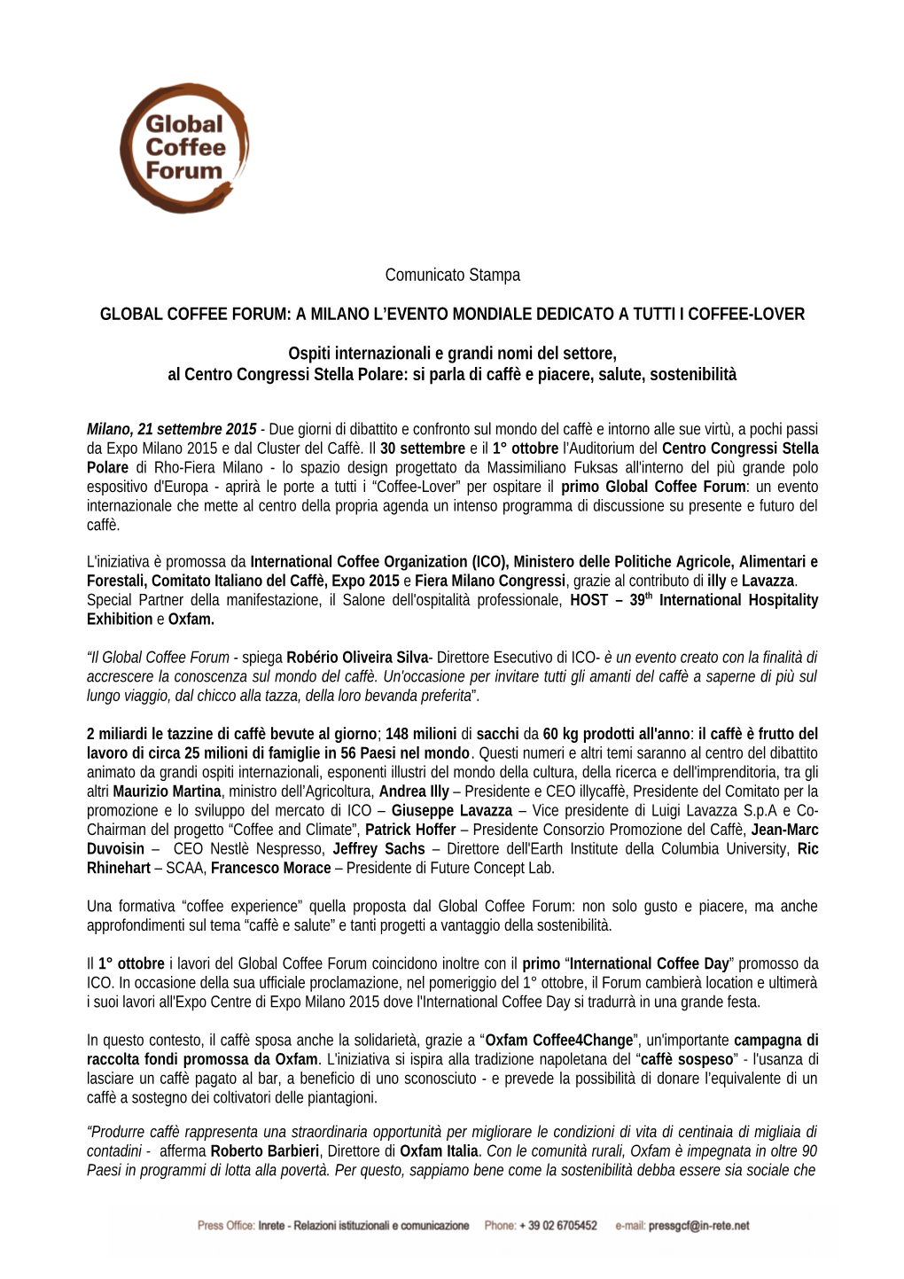 Comunicato Stampa GLOBAL COFFEE FORUM: a MILANO L