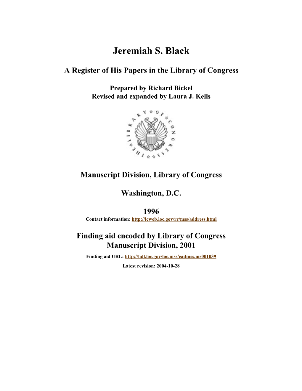 Papers of Jeremiah S. Black [Finding Aid]. Library of Congress