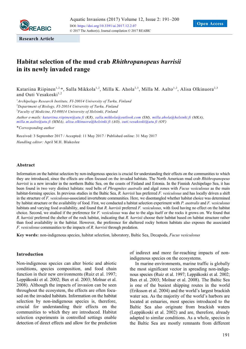 Habitat Selection of the Mud Crab Rhithropanopeus Harrisii in Its Newly Invaded Range