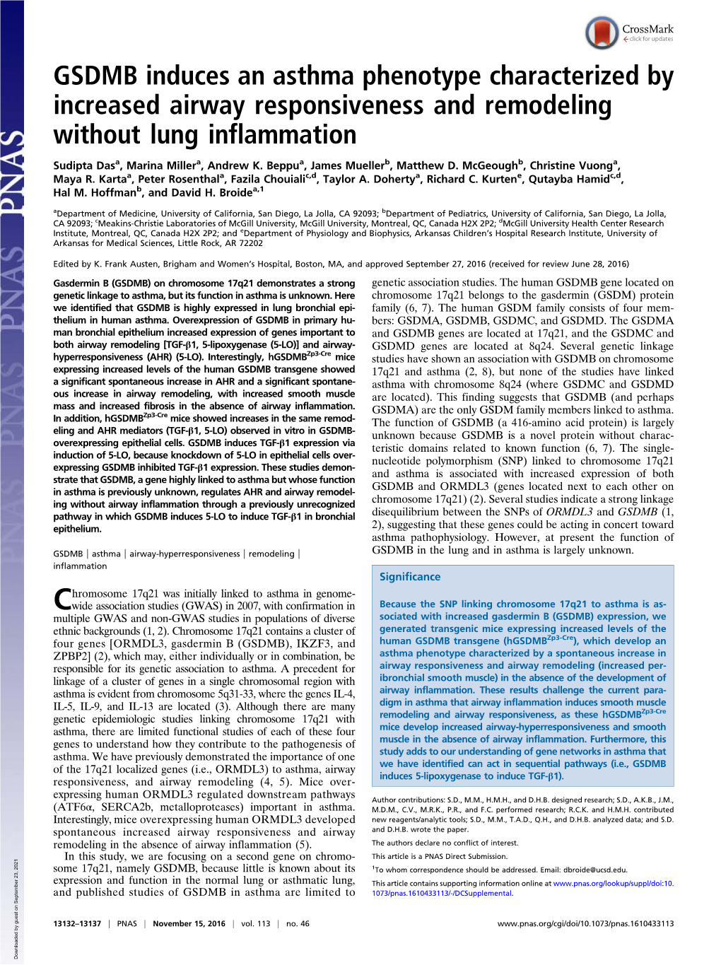 GSDMB Induces an Asthma Phenotype Characterized by Increased Airway Responsiveness and Remodeling Without Lung Inflammation