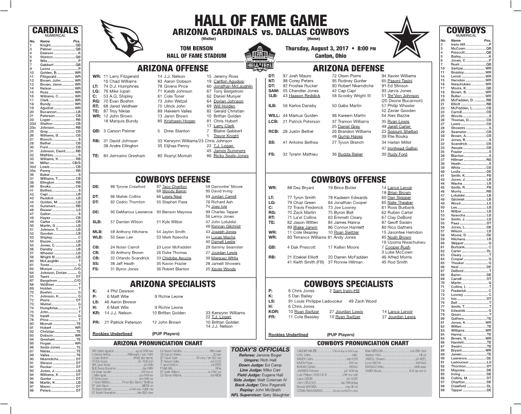 HALL of FAME GAME CARDINALS COWBOYS NUMERICAL ARIZONA CARDINALS Vs