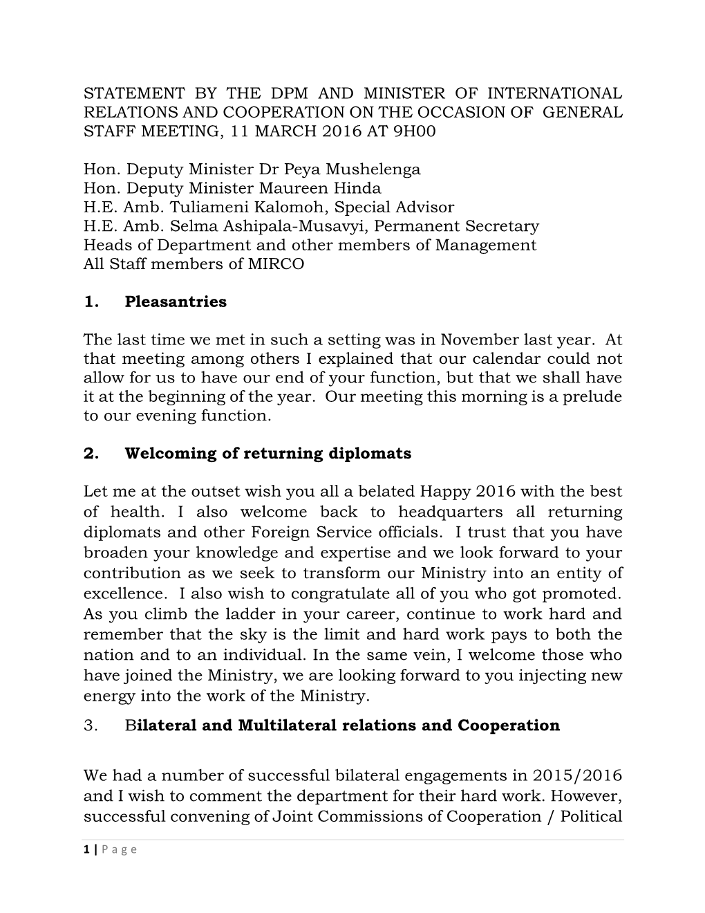 Statement by the Dpm and Minister of International Relations and Cooperation on the Occasion of General Staff Meeting, 11 March 2016 at 9H00