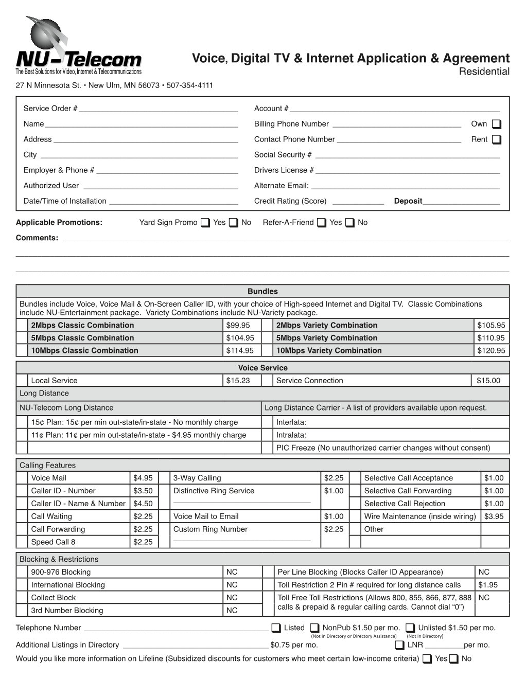 Voice, Digital TV & Internet Application & Agreement