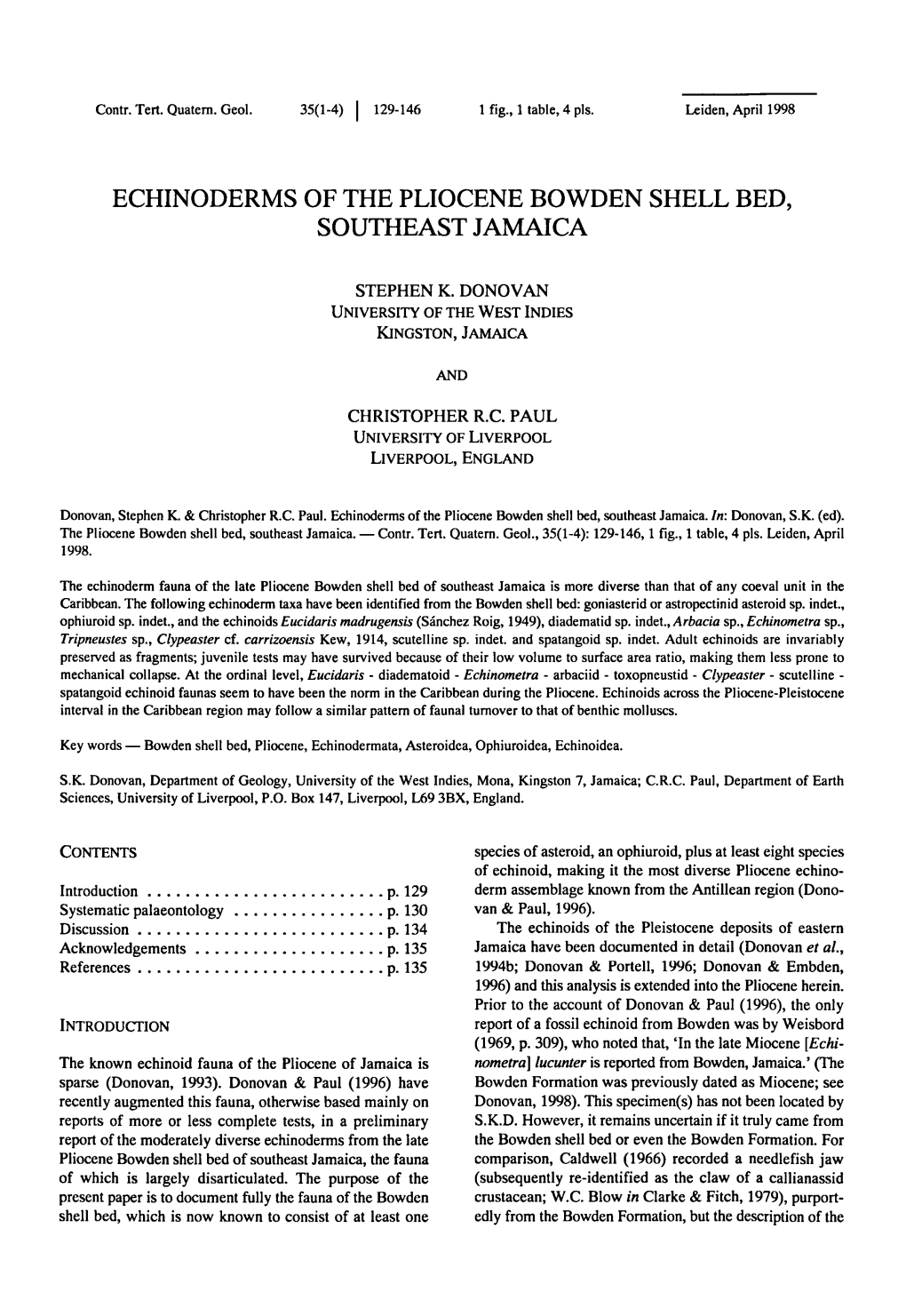 Echinoderms of Pliocene Bowden Shell Southeast Jamaica