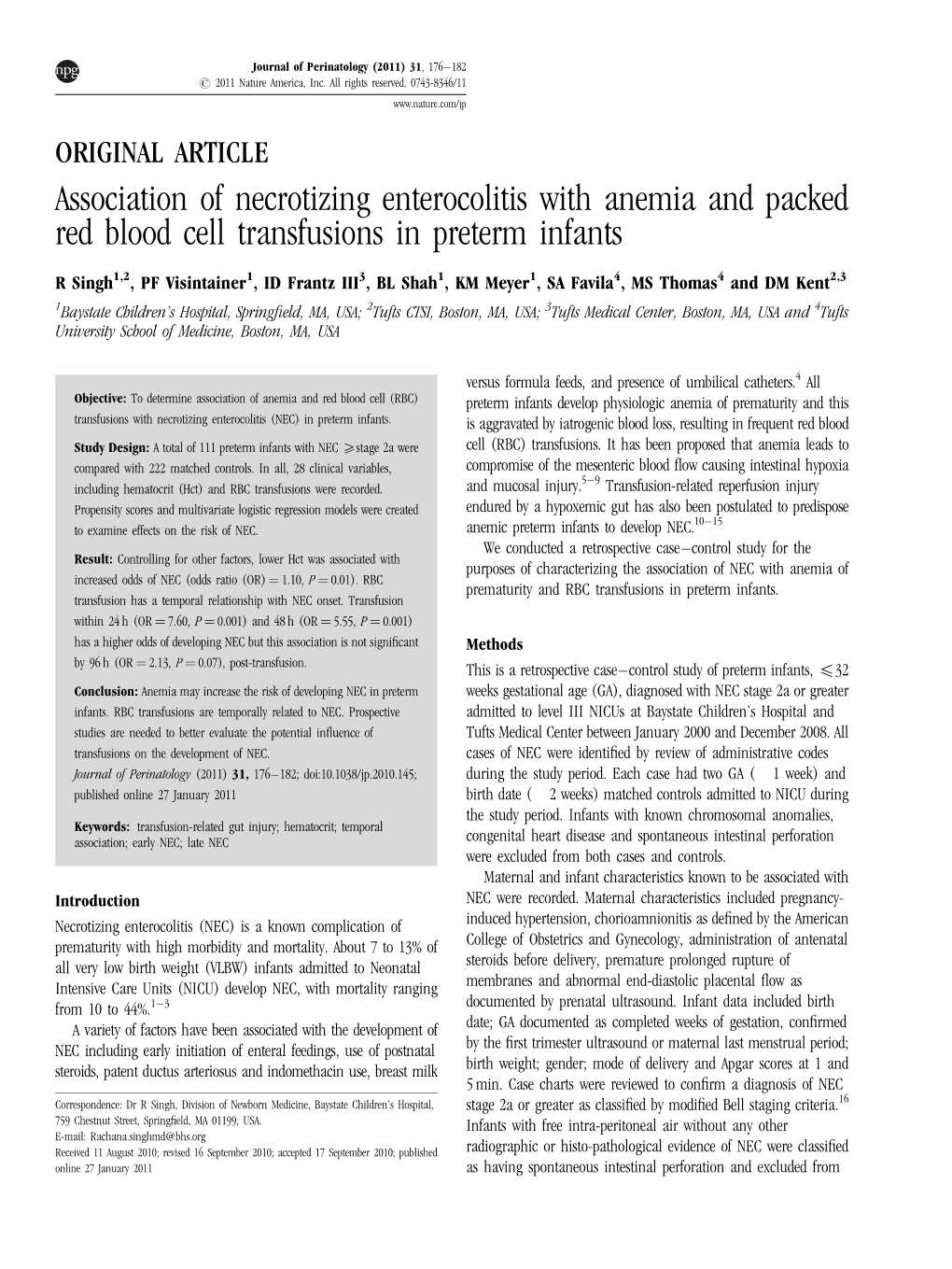 Association of Necrotizing Enterocolitis with Anemia and Packed Red Blood Cell Transfusions in Preterm Infants