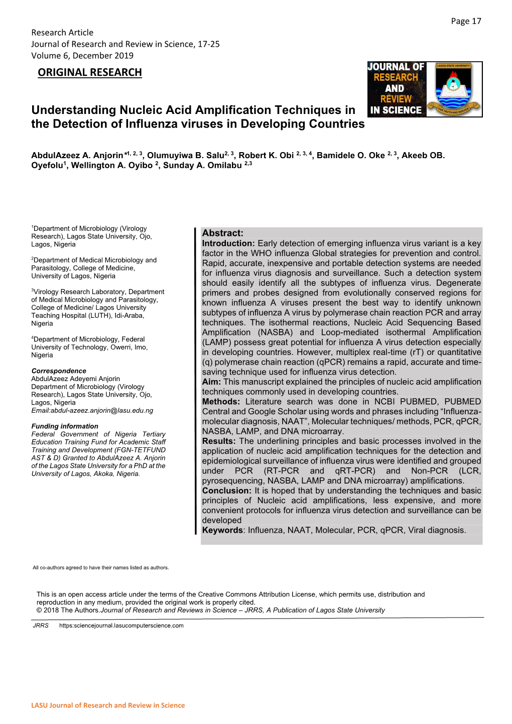 Understanding Nucleic Acid Amplification Techniques in the Detection of Influenza Viruses in Developing Countries