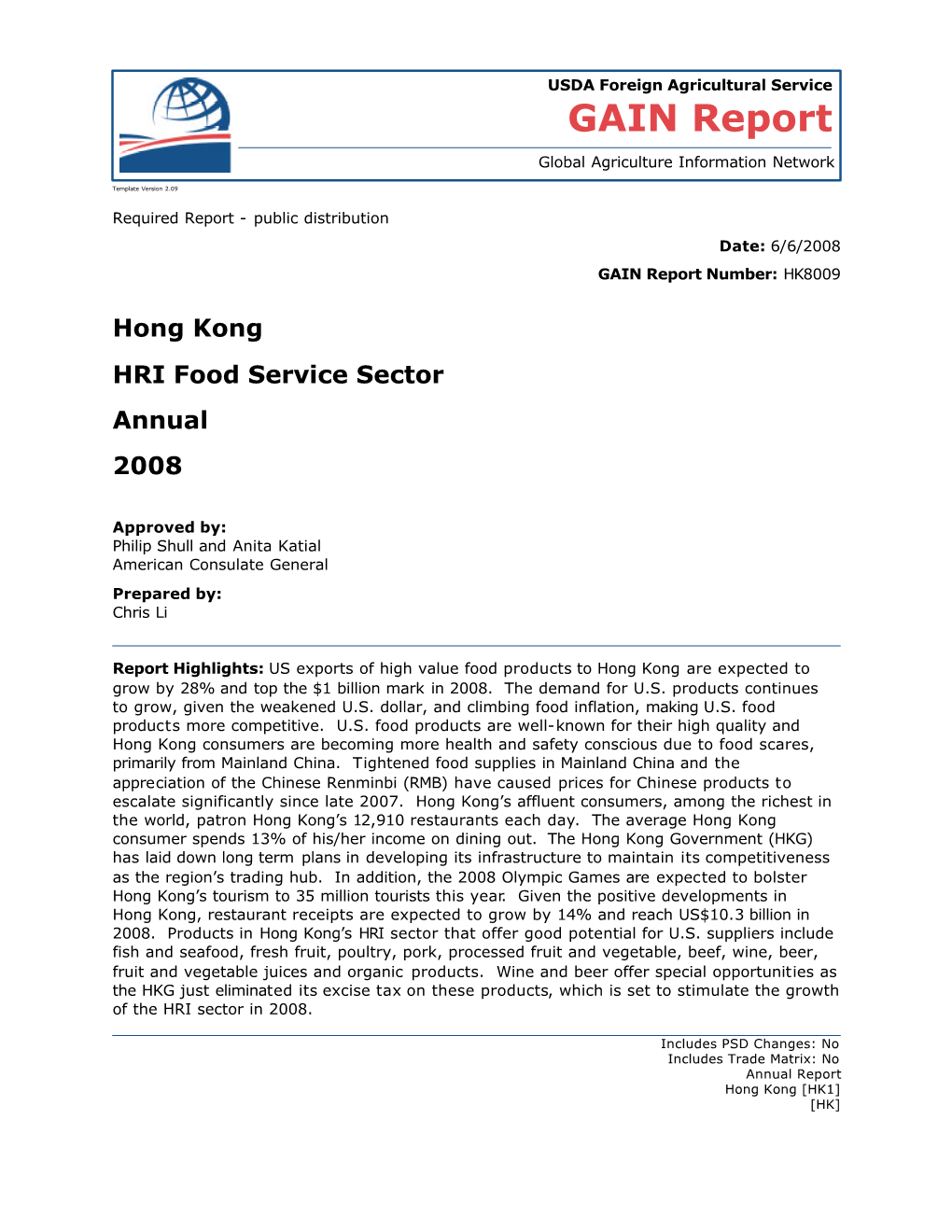 Hong Kong HRI Food Service Sector Annual 2008