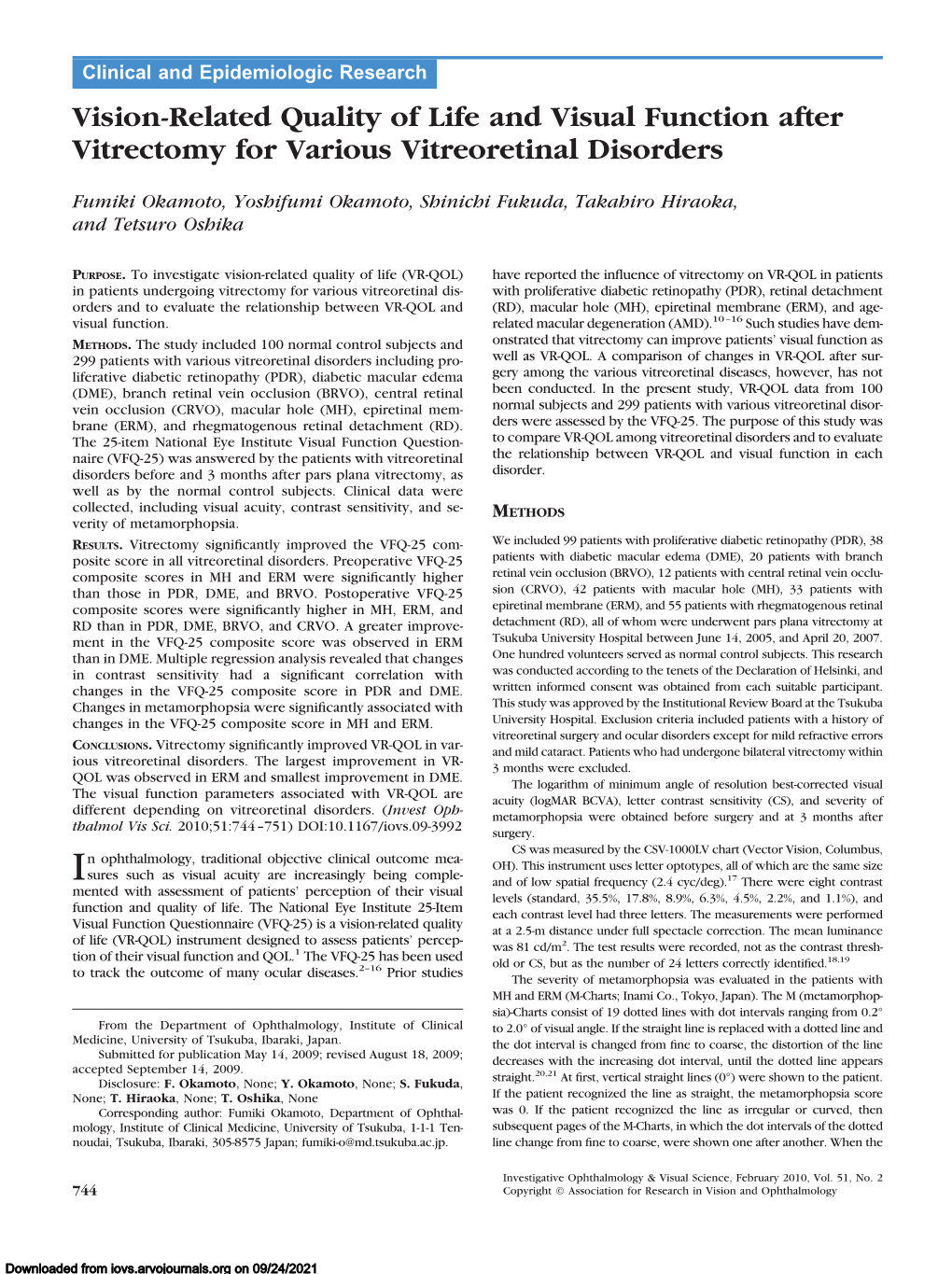 Vision-Related Quality of Life and Visual Function After Vitrectomy for Various Vitreoretinal Disorders