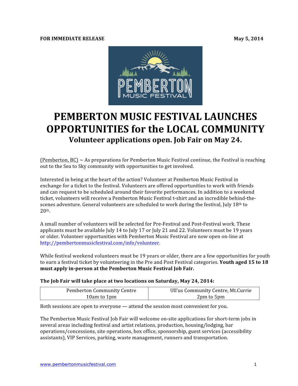 PEMBERTON MUSIC FESTIVAL LAUNCHES OPPORTUNITIES for the LOCAL COMMUNITY Volunteer Applications Open