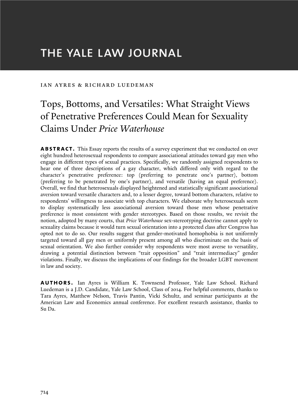 Tops, Bottoms, and Versatiles: What Straight Views of Penetrative Preferences Could Mean for Sexuality Claims Under Price Waterhouse Abstract