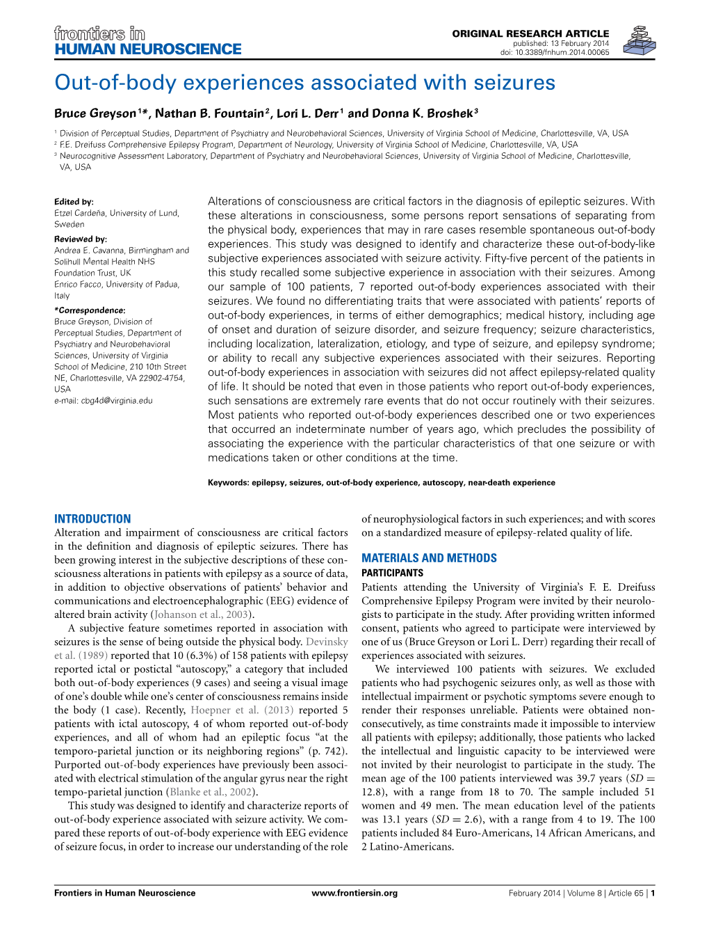 Out-Of-Body Experiences Associated with Seizures