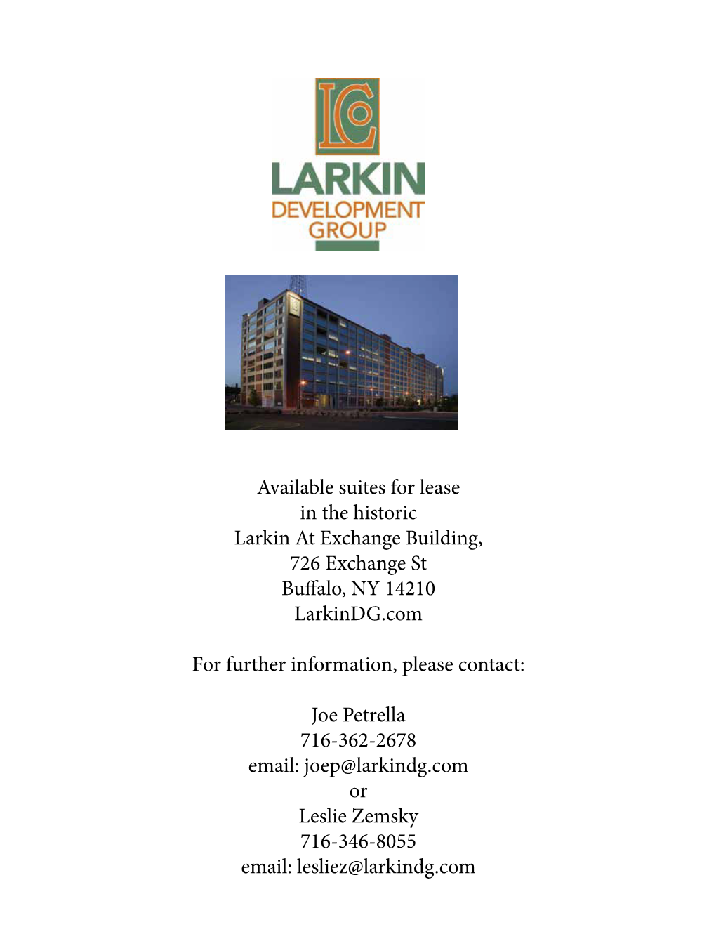 Available Suites for Lease in the Historic Larkin at Exchange Building, 726 Exchange St Buffalo, NY 14210 Larkindg.Com