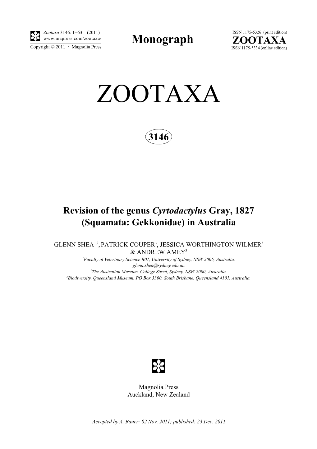 Revision of the Genus Cyrtodactylus Gray, 1827 (Squamata: Gekkonidae) in Australia