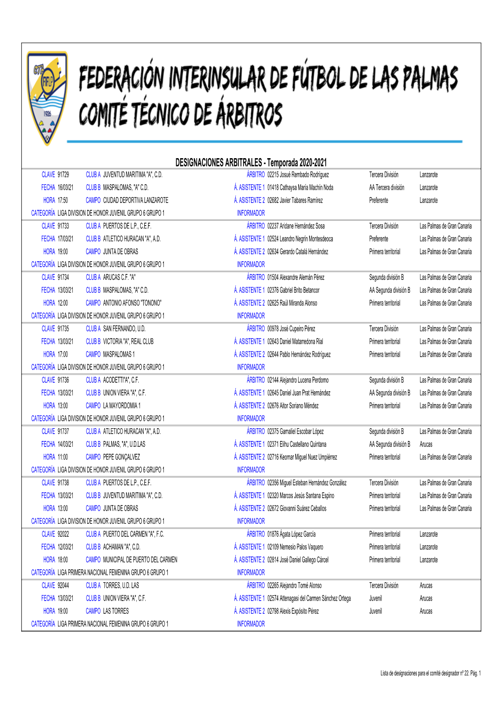 DESIGNACIONES ARBITRALES - Temporada 2020-2021 CLAVE 91729 CLUB a JUVENTUD MARITIMA "A", C.D