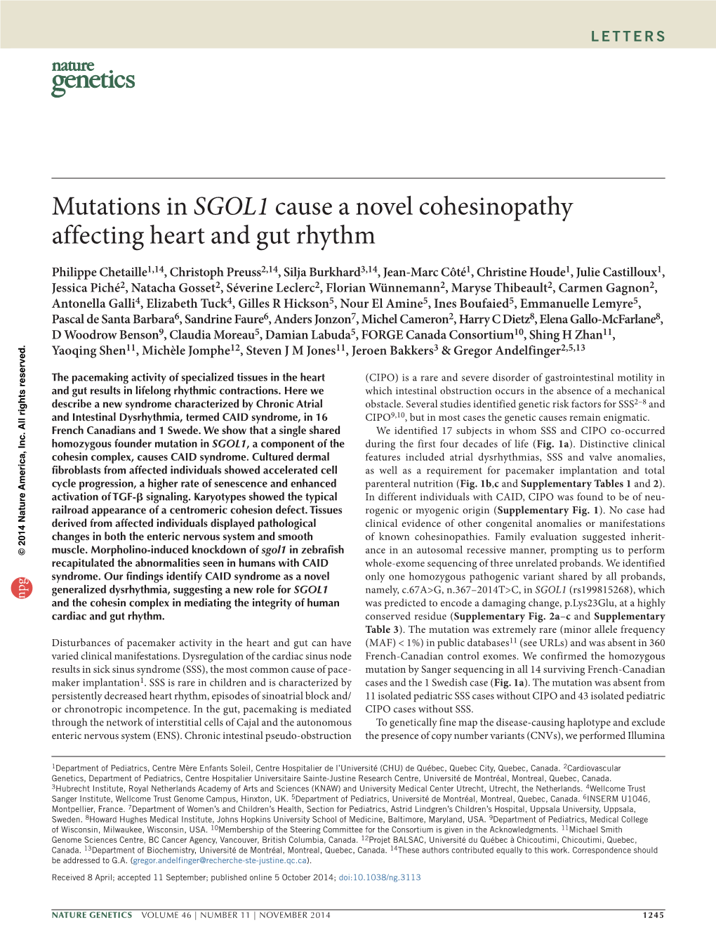 Mutations in SGOL1 Cause a Novel Cohesinopathy Affecting Heart and Gut Rhythm