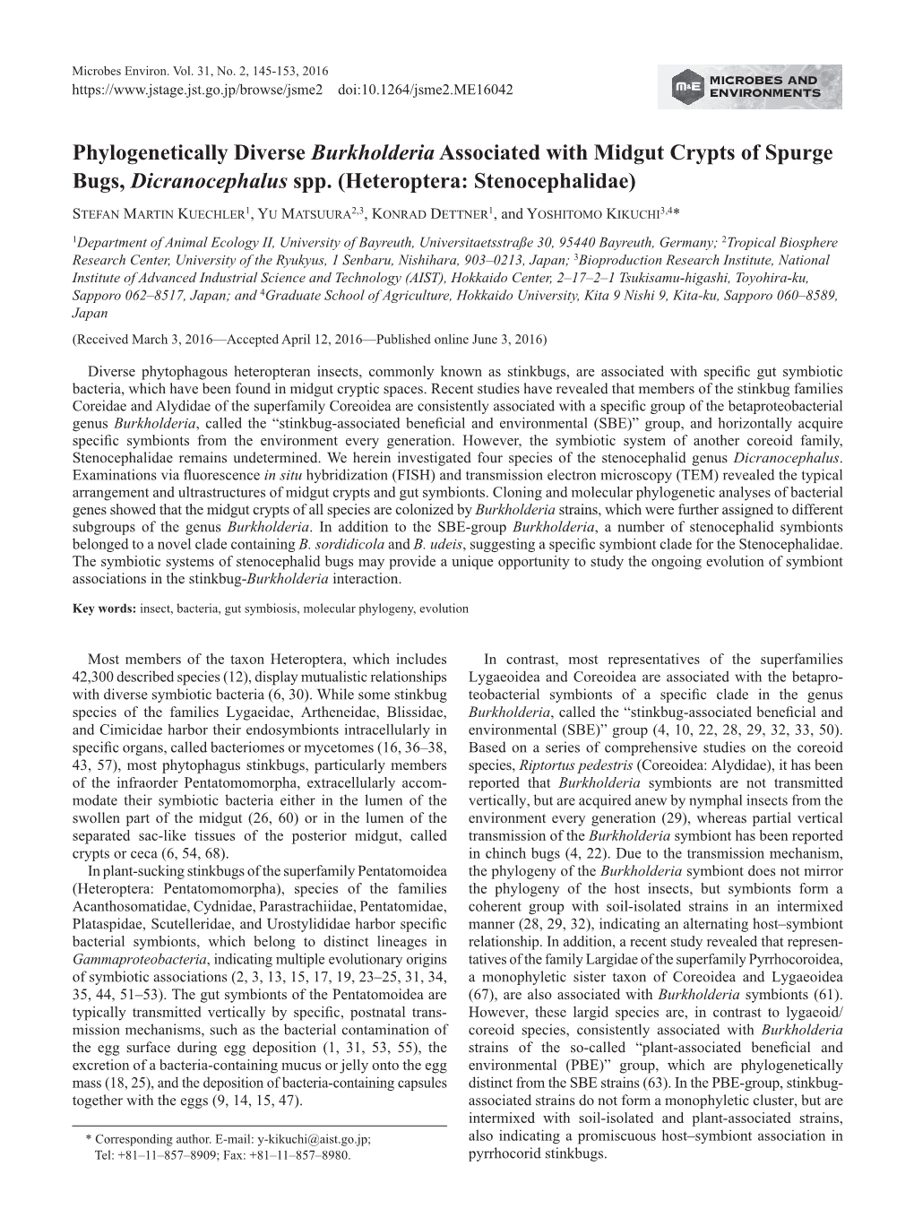 Phylogenetically Diverse Burkholderia Associated with Midgut Crypts of Spurge Bugs, Dicranocephalus Spp. (Heteroptera: Stenocephalidae)