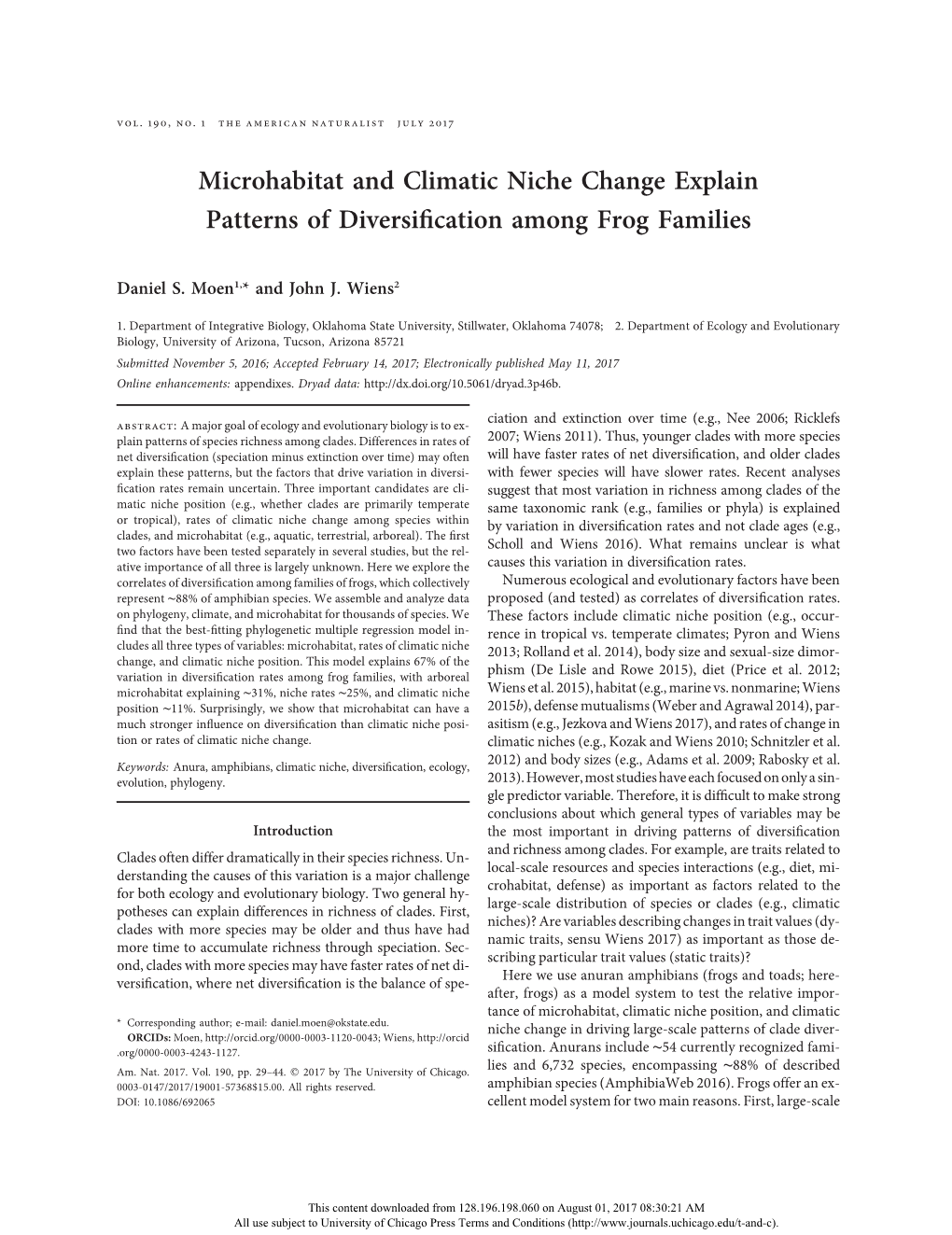 Microhabitat and Climatic Niche Change Explain Patterns of Diversiﬁcation Among Frog Families