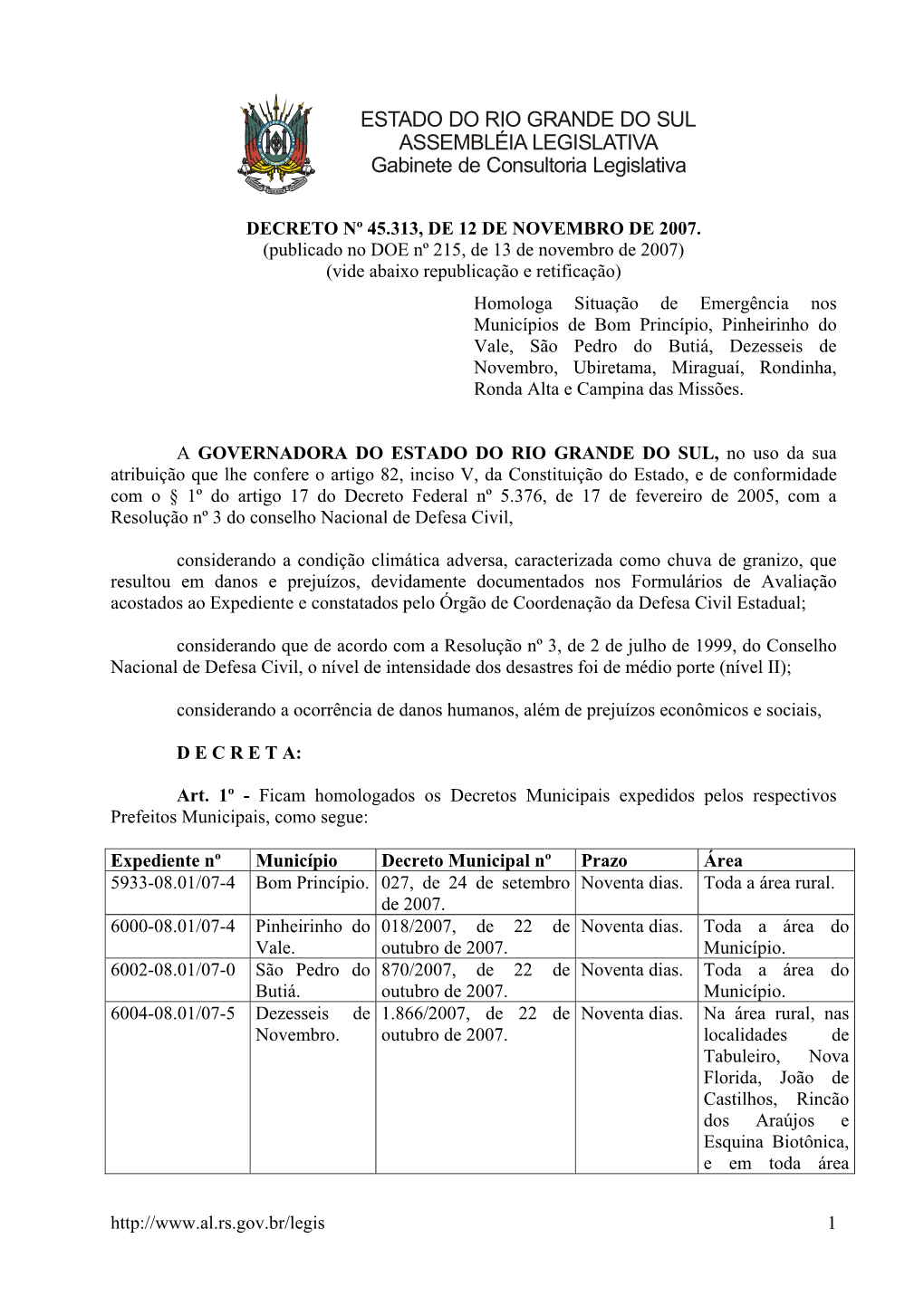 ESTADO DO RIO GRANDE DO SUL ASSEMBLÉIA LEGISLATIVA Gabinete De Consultoria Legislativa