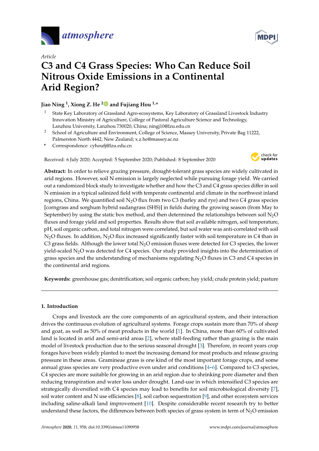 C3 and C4 Grass Species: Who Can Reduce Soil Nitrous Oxide Emissions in a Continental Arid Region?