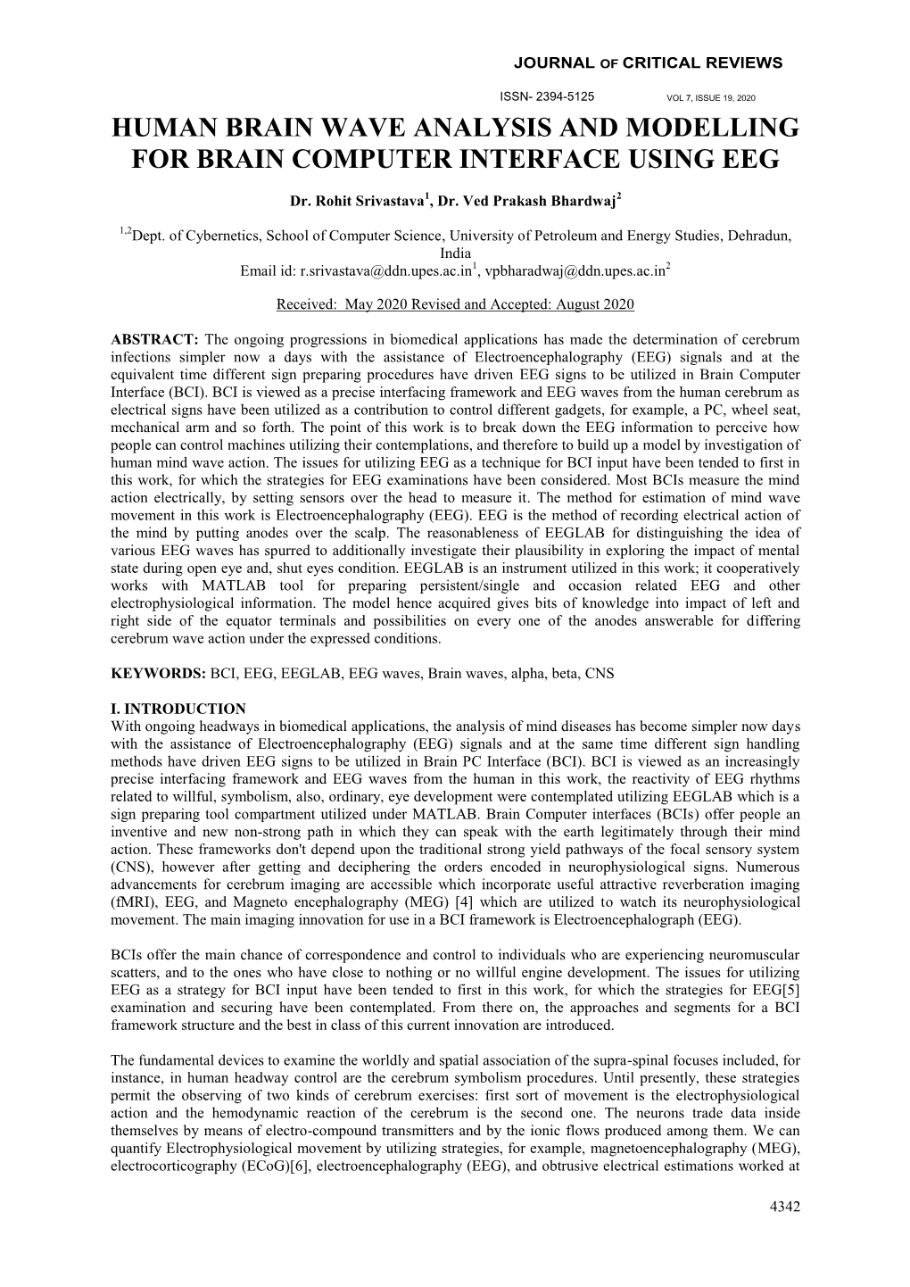 Human Brain Wave Analysis and Modelling for Brain Computer Interface Using Eeg