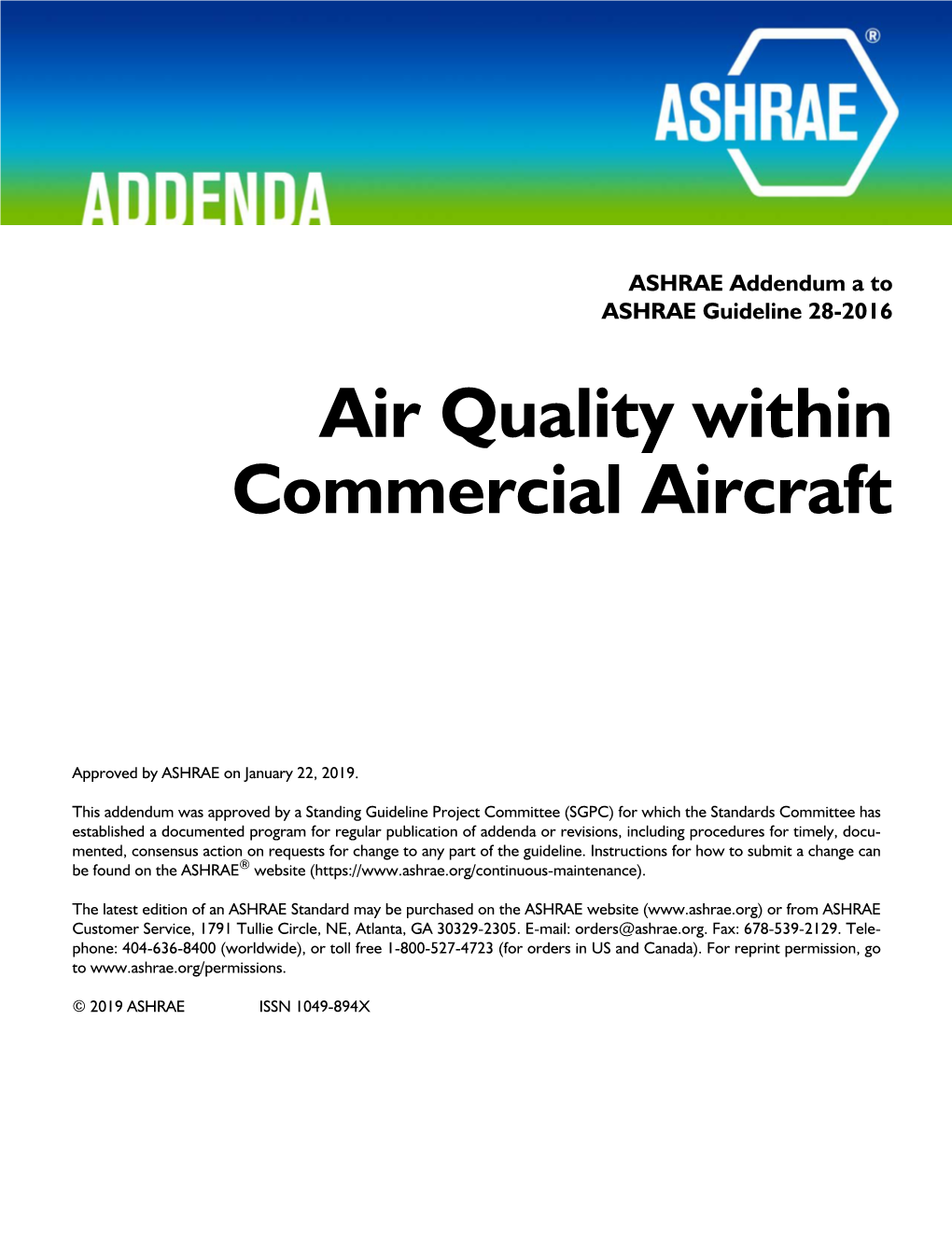 ASHRAE Addendum a to ASHRAE Guideline 28-2016 Air Quality Within Commercial Aircraft