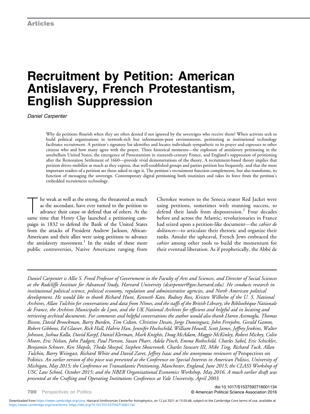 Recruitment by Petition: American Antislavery, French Protestantism, English Suppression Daniel Carpenter